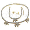 Oro Laminado Necklace, Bracelet and Earring, Gold Filled Style Elephant Design, with White Cubic Zirconia and White Crystal, Polished, Golden Finish, 06.372.0017