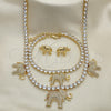 Oro Laminado Necklace, Bracelet and Earring, Gold Filled Style Elephant Design, with White Cubic Zirconia and White Crystal, Polished, Golden Finish, 06.372.0017