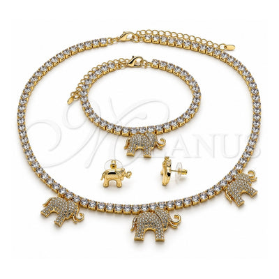 Oro Laminado Necklace, Bracelet and Earring, Gold Filled Style Elephant Design, with White Cubic Zirconia and White Crystal, Polished, Golden Finish, 06.372.0017