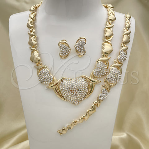 Oro Laminado Necklace, Bracelet and Earring, Gold Filled Style Heart and Hugs and Kisses Design, with White Crystal, Polished, Golden Finish, 06.372.0018