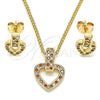 Oro Laminado Earring and Pendant Adult Set, Gold Filled Style Heart Design, with Garnet and White Micro Pave, Polished, Golden Finish, 10.342.0011.2