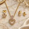 Oro Laminado Earring and Pendant Adult Set, Gold Filled Style Heart Design, with Garnet and White Micro Pave, Polished, Golden Finish, 10.342.0011.2