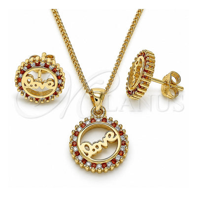 Oro Laminado Earring and Pendant Adult Set, Gold Filled Style Love Design, with Garnet and White Micro Pave, Polished, Golden Finish, 10.342.0017.2