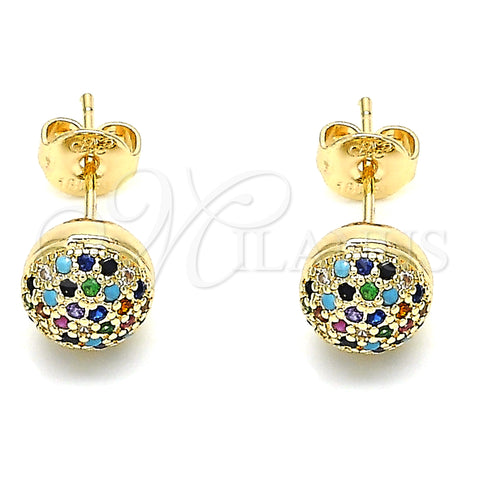 Oro Laminado Stud Earring, Gold Filled Style with Multicolor Micro Pave, Polished, Golden Finish, 02.156.0424.1