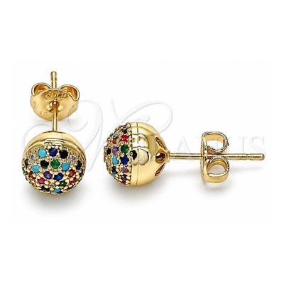 Oro Laminado Stud Earring, Gold Filled Style with Multicolor Micro Pave, Polished, Golden Finish, 02.156.0424.1