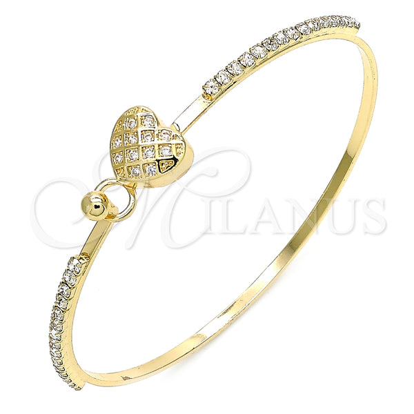 Oro Laminado Individual Bangle, Gold Filled Style Heart Design, with White Micro Pave and White Crystal, Polished, Golden Finish, 07.193.0022.04 (02 MM Thickness, Size 4 (2.25 Diameter))