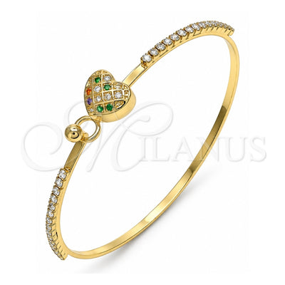 Oro Laminado Individual Bangle, Gold Filled Style Heart Design, with Multicolor Micro Pave and White Crystal, Polished, Golden Finish, 07.193.0022.1.04 (02 MM Thickness, Size 4 (2.25 Diameter))