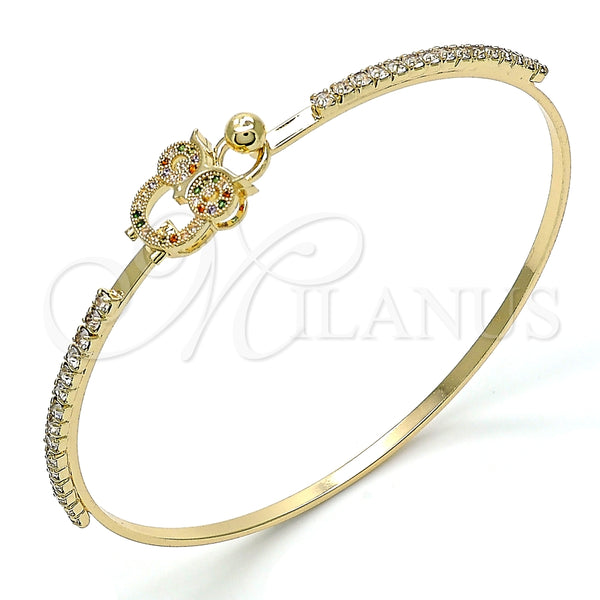 Oro Laminado Individual Bangle, Gold Filled Style Owl Design, with Multicolor Micro Pave and White Crystal, Polished, Golden Finish, 07.193.0025.1.04 (02 MM Thickness, Size 4 (2.25 Diameter))