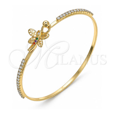 Oro Laminado Individual Bangle, Gold Filled Style Dragon-Fly Design, with Multicolor Micro Pave and White Crystal, Polished, Golden Finish, 07.193.0026.1.04 (02 MM Thickness, Size 4 (2.25 Diameter))