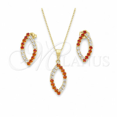 Oro Laminado Earring and Pendant Adult Set, Gold Filled Style Box and Leaf Design, with Garnet and White Cubic for wholesale, main product view