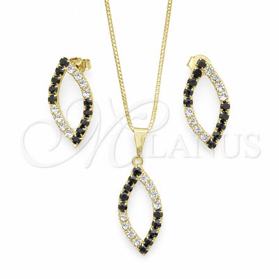 Oro Laminado Earring and Pendant Adult Set, Gold Filled Style Box and Leaf Design, with Black and White Cubic for wholesale, main product view