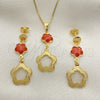 Oro Laminado Earring and Pendant Adult Set, Gold Filled Style Flower and Box Design, with Orange Opal, Resin Finish, Golden Finish, 10.58.0025