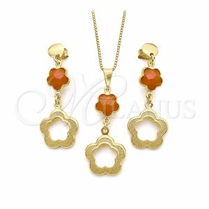 Oro Laminado Earring and Pendant Adult Set, Gold Filled Style Flower and Box Design, with Orange Opal, Resin Finish, Golden Finish, 10.58.0025