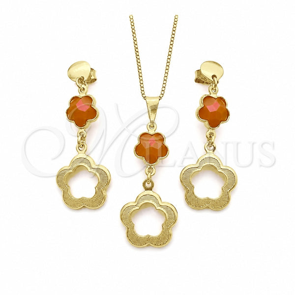 Oro Laminado Earring and Pendant Adult Set, Gold Filled Style Flower and Box Design, with Orange Opal, Resin Finish, Golden Finish, 10.58.0025