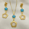 Oro Laminado Earring and Pendant Adult Set, Gold Filled Style Flower and Box Design, with Aquamarine Opal, Resin Finish, Golden Finish, 10.58.0025.1
