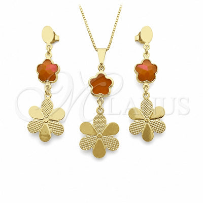 Oro Laminado Earring and Pendant Adult Set, Gold Filled Style Flower and Box Design, with Orange Opal, Resin Finish, Golden Finish, 10.58.0026