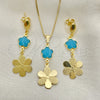 Oro Laminado Earring and Pendant Adult Set, Gold Filled Style Flower and Box Design, with Aquamarine Opal, Resin Finish, Golden Finish, 10.58.0026.1