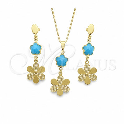 Oro Laminado Earring and Pendant Adult Set, Gold Filled Style Flower and Box Design, with Aquamarine Opal for wholesale, main product view