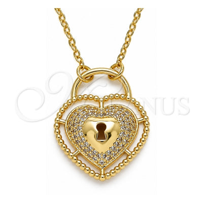 Oro Laminado Pendant Necklace, Gold Filled Style Lock and Heart Design, with White Micro Pave, Polished, Golden Finish, 04.156.0287.18 (02 MM Thickness, 18 Inches Length)