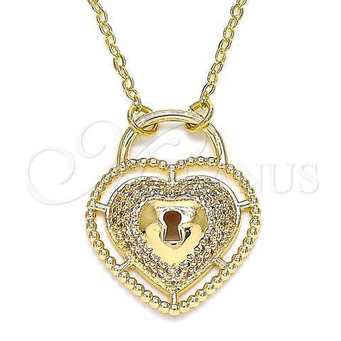 Oro Laminado Pendant Necklace, Gold Filled Style Lock and Heart Design, with White Micro Pave, Polished, Golden Finish, 04.156.0287.18 (02 MM Thickness, 18 Inches Length)
