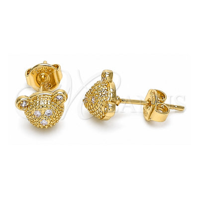 Oro Laminado Stud Earring, Gold Filled Style Teddy Bear Design, with White Micro Pave, Polished, Golden Finish, 02.156.0429
