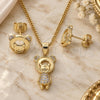 Oro Laminado Earring and Pendant Adult Set, Gold Filled Style Teddy Bear Design, with White Micro Pave, Polished, Golden Finish, 10.156.0234
