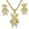 Oro Laminado Earring and Pendant Adult Set, Gold Filled Style Teddy Bear Design, with White Micro Pave, Polished, Golden Finish, 10.156.0236