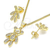 Oro Laminado Earring and Pendant Adult Set, Gold Filled Style Teddy Bear Design, with White Micro Pave, Polished, Golden Finish, 10.156.0236