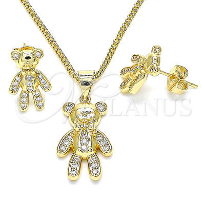 Oro Laminado Earring and Pendant Adult Set, Gold Filled Style Teddy Bear Design, with White Micro Pave, Polished, Golden Finish, 10.156.0236