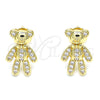 Oro Laminado Stud Earring, Gold Filled Style Teddy Bear Design, with White Micro Pave, Polished, Golden Finish, 02.156.0430
