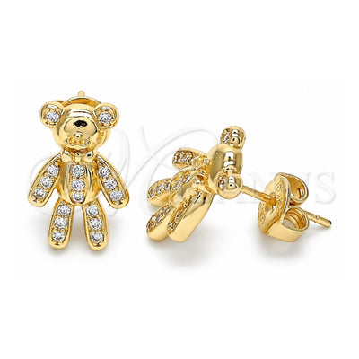 Oro Laminado Stud Earring, Gold Filled Style Teddy Bear Design, with White Micro Pave, Polished, Golden Finish, 02.156.0430