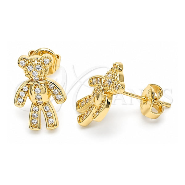 Oro Laminado Stud Earring, Gold Filled Style Teddy Bear Design, with White Micro Pave, Polished, Golden Finish, 02.156.0431
