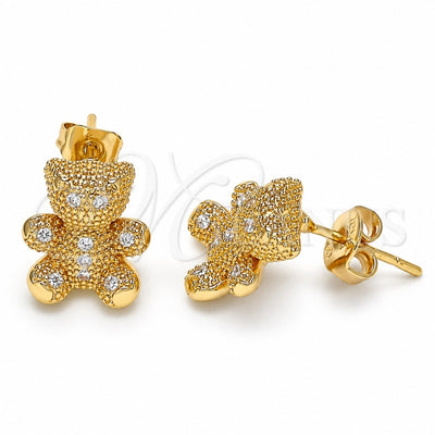Oro Laminado Stud Earring, Gold Filled Style Teddy Bear Design, with White Micro Pave, Polished, Golden Finish, 02.156.0432
