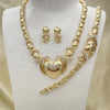 Oro Laminado Necklace, Bracelet and Earring, Gold Filled Style Hugs and Kisses and Heart Design, with White Crystal, Polished, Golden Finish, 06.372.0019