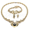 Oro Laminado Necklace, Bracelet and Earring, Gold Filled Style Hugs and Kisses and Heart Design, with White Crystal, Polished, Golden Finish, 06.372.0019