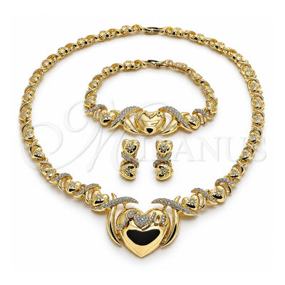 Oro Laminado Necklace, Bracelet and Earring, Gold Filled Style Hugs and Kisses and Heart Design, with White Crystal, Polished, Golden Finish, 06.372.0019