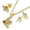 Oro Laminado Earring and Pendant Adult Set, Gold Filled Style Dragon-Fly Design, with Garnet Cubic Zirconia and White Micro Pave, Polished, Golden Finish, 10.199.0152.1