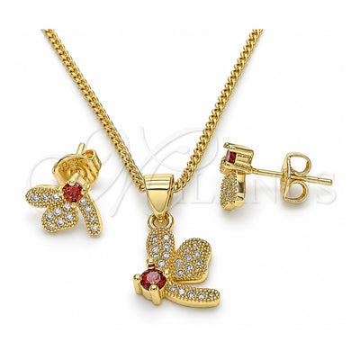 Oro Laminado Earring and Pendant Adult Set, Gold Filled Style Dragon-Fly Design, with Garnet Cubic Zirconia and White Micro Pave, Polished, Golden Finish, 10.199.0152.1