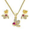 Oro Laminado Earring and Pendant Adult Set, Gold Filled Style Dragon-Fly Design, with Ruby Cubic Zirconia and White Micro Pave, Polished, Golden Finish, 10.199.0152.2