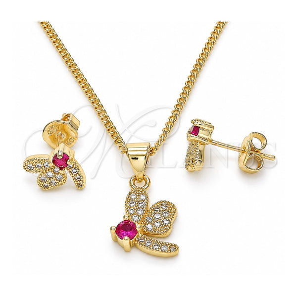 Oro Laminado Earring and Pendant Adult Set, Gold Filled Style Dragon-Fly Design, with Ruby Cubic Zirconia and White Micro Pave, Polished, Golden Finish, 10.199.0152.2
