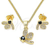 Oro Laminado Earring and Pendant Adult Set, Gold Filled Style Dragon-Fly Design, with Black Cubic Zirconia and White Micro Pave, Polished, Golden Finish, 10.199.0152.3