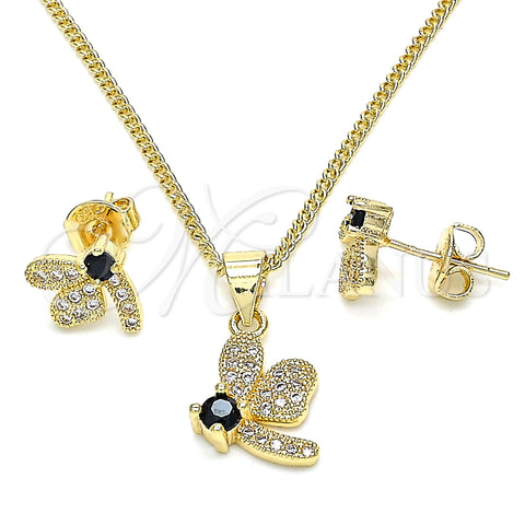 Oro Laminado Earring and Pendant Adult Set, Gold Filled Style Dragon-Fly Design, with Black Cubic Zirconia and White Micro Pave, Polished, Golden Finish, 10.199.0152.3
