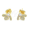 Oro Laminado Stud Earring, Gold Filled Style Dragon-Fly Design, with White Cubic Zirconia and White Micro Pave, Polished, Golden Finish, 02.199.0028
