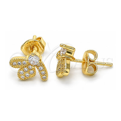 Oro Laminado Stud Earring, Gold Filled Style Dragon-Fly Design, with White Cubic Zirconia and White Micro Pave, Polished, Golden Finish, 02.199.0028