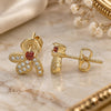 Oro Laminado Stud Earring, Gold Filled Style Dragon-Fly Design, with Garnet Cubic Zirconia and White Micro Pave, Polished, Golden Finish, 02.199.0028.1