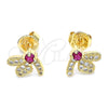 Oro Laminado Stud Earring, Gold Filled Style Dragon-Fly Design, with Ruby Cubic Zirconia and White Micro Pave, Polished, Golden Finish, 02.199.0028.2