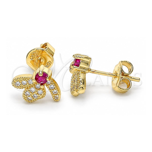Oro Laminado Stud Earring, Gold Filled Style Dragon-Fly Design, with Ruby Cubic Zirconia and White Micro Pave, Polished, Golden Finish, 02.199.0028.2