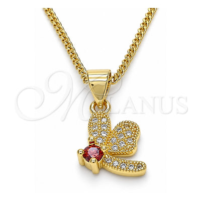 Oro Laminado Pendant Necklace, Gold Filled Style Dragon-Fly Design, with Garnet Cubic Zirconia and White Micro Pave, Polished, Golden Finish, 04.199.0035.1.20 (02 MM Thickness, 20 Inches Length)