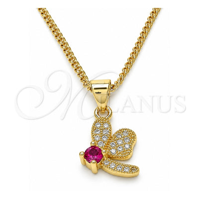 Oro Laminado Pendant Necklace, Gold Filled Style Dragon-Fly Design, with Ruby Cubic Zirconia and White Micro Pave, Polished, Golden Finish, 04.199.0035.2.20 (02 MM Thickness, 20 Inches Length)