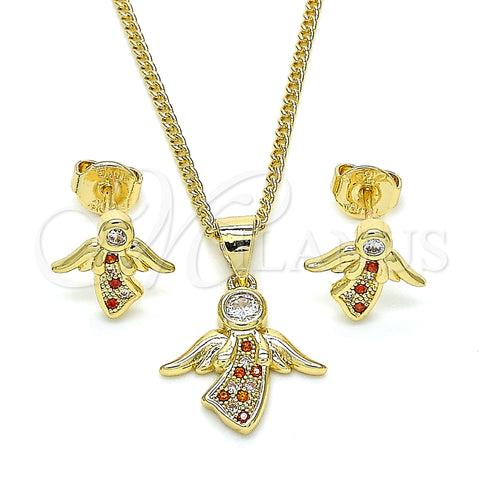 Oro Laminado Earring and Pendant Adult Set, Gold Filled Style Angel Design, with Garnet Micro Pave and White Cubic Zirconia, Polished, Golden Finish, 10.156.0203.1